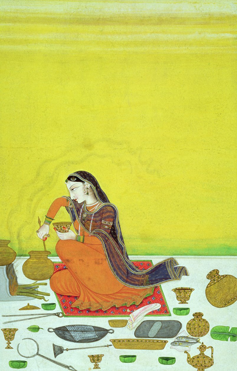 CBL: 11B.30 Egy hölgy ételt készít, miniatűr a Bhagavata Purana sorozatból, Kangra, 1810 körül alkotó: Indian School
