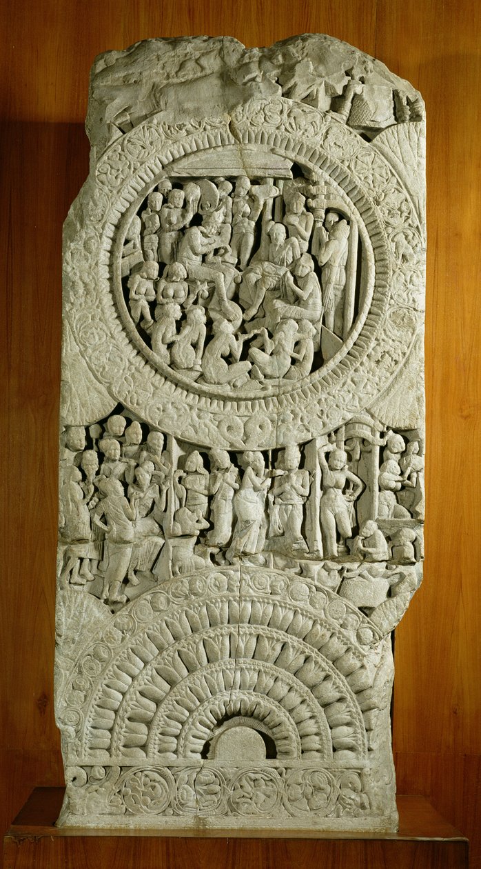 Faragvány, amely a dzsatakák történetét ábrázolja, Amaravati (mészkő) alkotó: Indian School