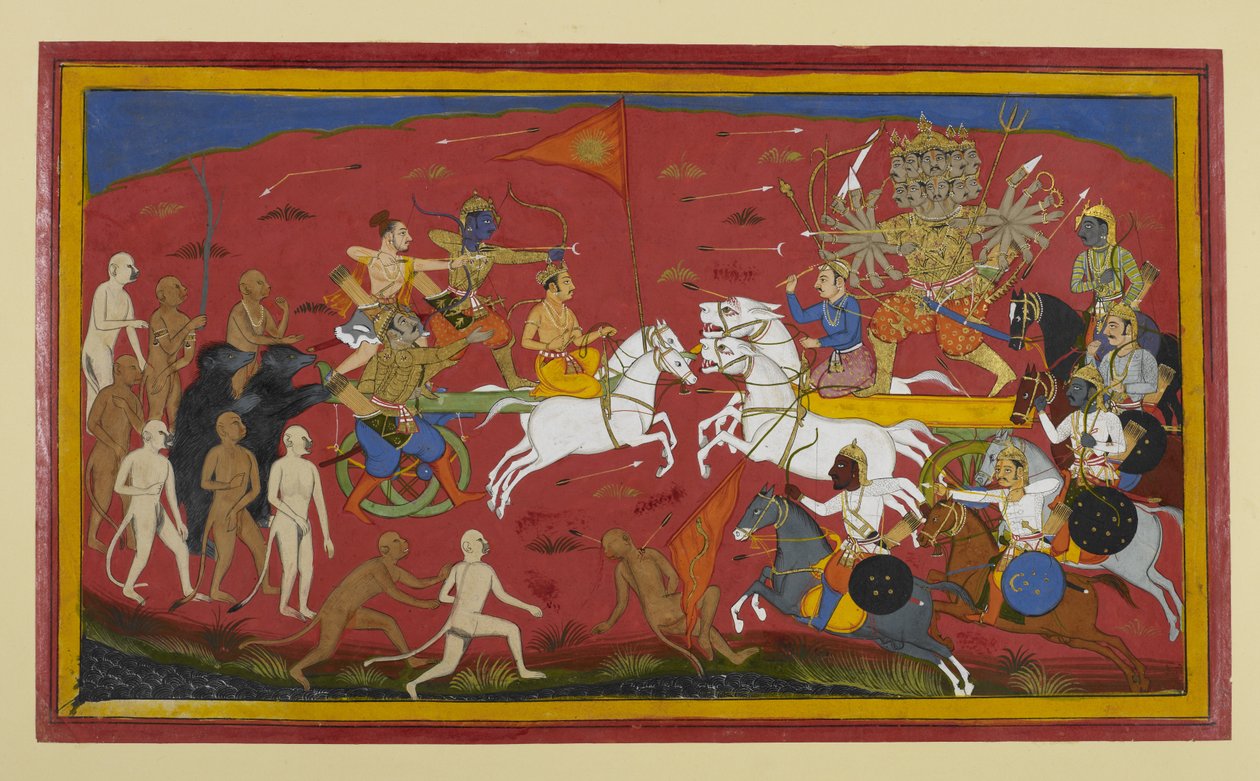 A szekerek összecsapnak az előjelek közepette, amikor Vibhīṣaṇa Rāmát bátorítja. alkotó: Indian School