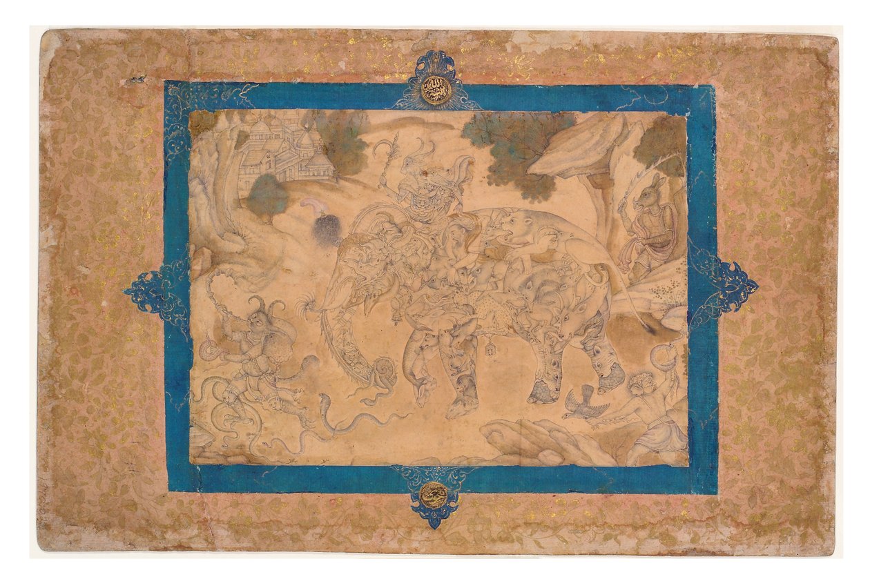 Kompozit elefánt és egyéb lények, 1600 körül (átlátszatlan wc és arany papíron) alkotó: Indian School