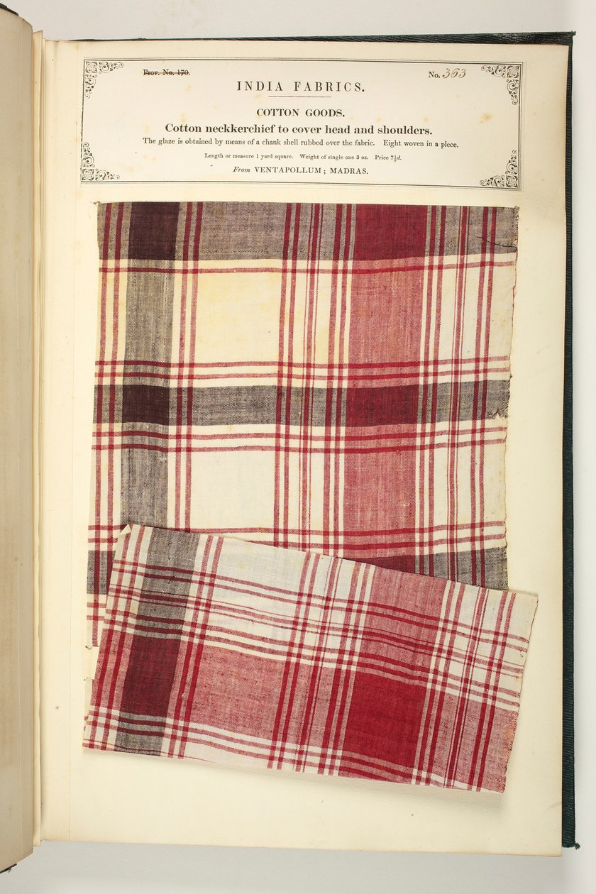 Pamut nyakkendő a fej és a vállak fedésére a Madras-i Ventapollumból, John Forbes Watson 1866-ban megjelent „The Collection of the Textile Manufacturers of India” című művéből (vegyes technika) alkotó: Indian School