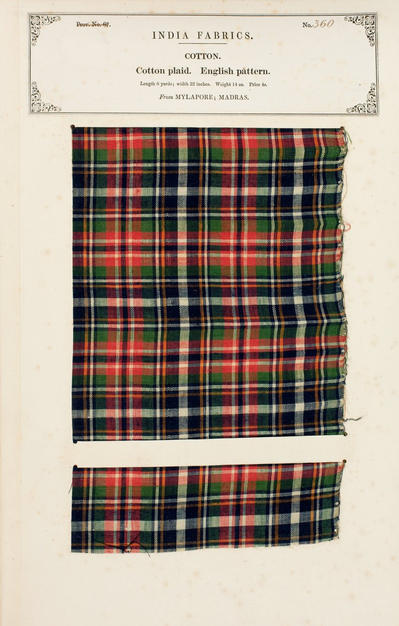 Pamut kockás minta a madrasi Mylapore-ból, az Indiai Textilgyártók Gyűjteményéből, John Forbes Watsontól, 1866-ban alkotó: Indian School