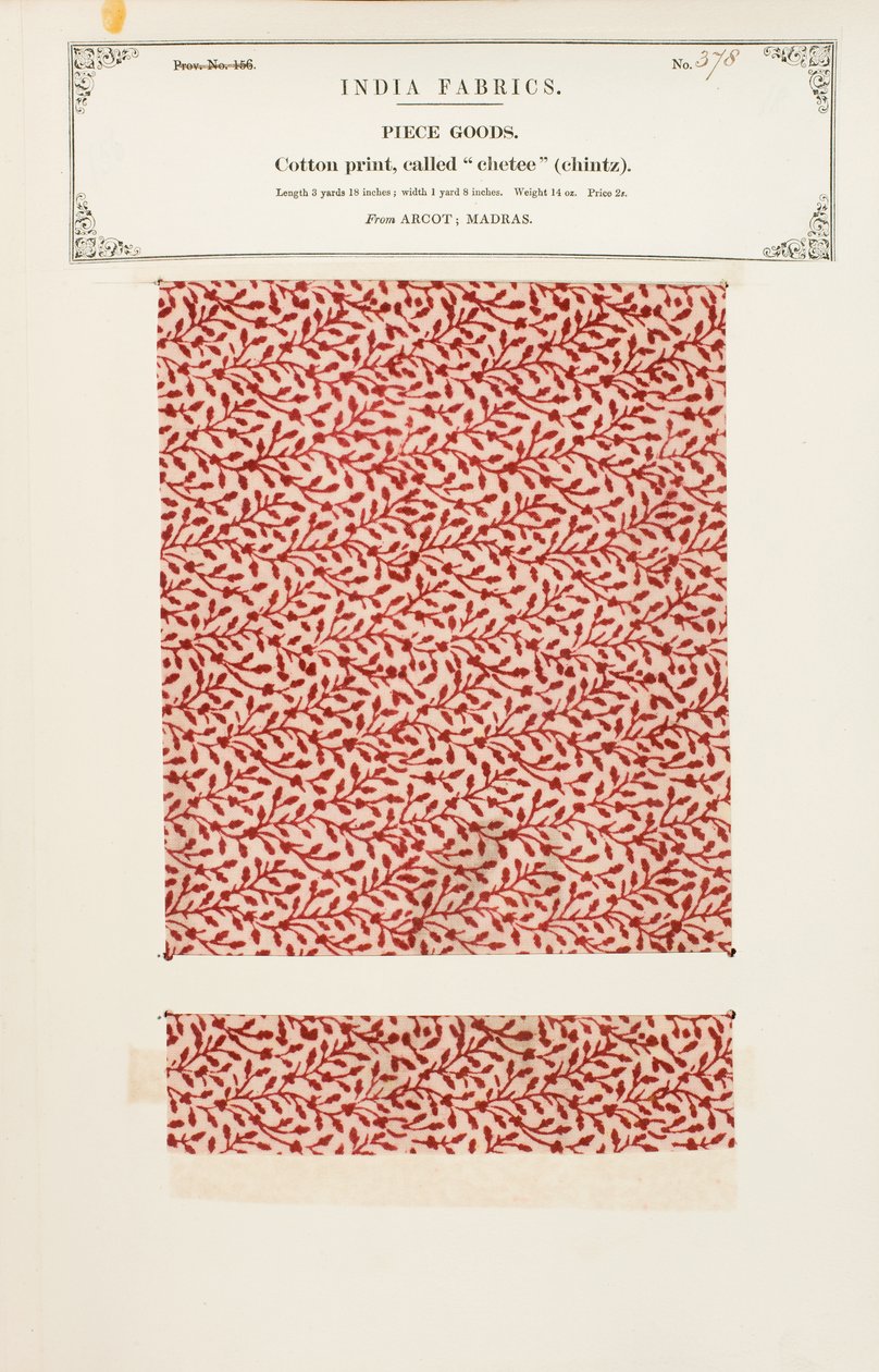Gyapotminta chetee (chintz) nyomattal a madrasi Arcottól, az Indiai Textilgyártók Gyűjteményéből, John Forbes Watsontól, 1866-ban alkotó: Indian School