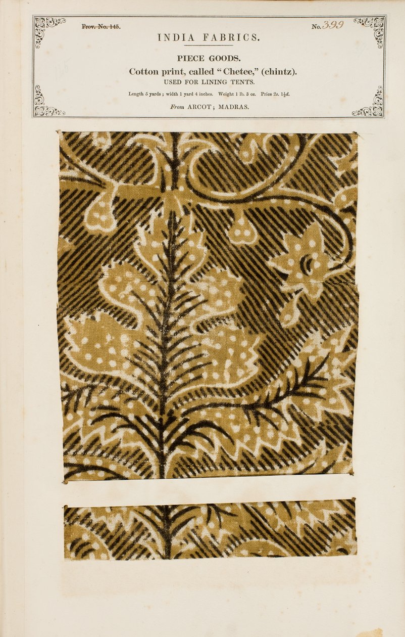 Gyapotminta chetee (chintz) nyomattal a madrasi Arcottól, az Indiai Textilgyártók Gyűjteményéből, John Forbes Watsontól, 1866-ban alkotó: Indian School