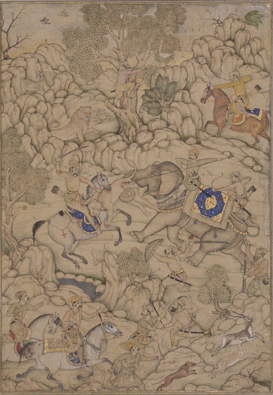 Veszély egy oroszlánvadászatban, 1600 körül (papíron átlátszatlan wc) alkotó: Indian School