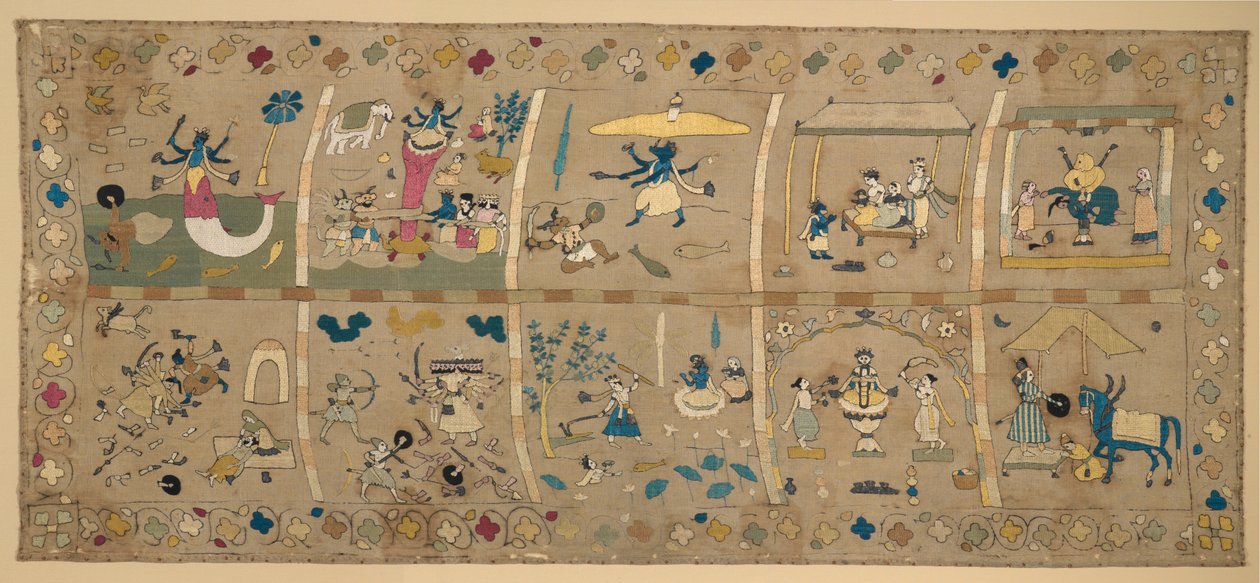 Das Avatars (Ten Avatars of Vishnu) (selyem és fém szálak pamut gézre hímzve) alkotó: Indian School
