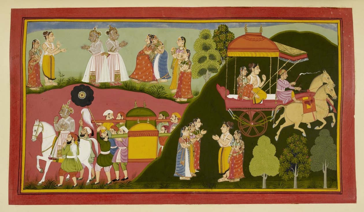 Dasaratha és királynői visszatérnek Ayodhyába, Rishyasringát és Shanta-t hátrahagyva. alkotó: Indian School