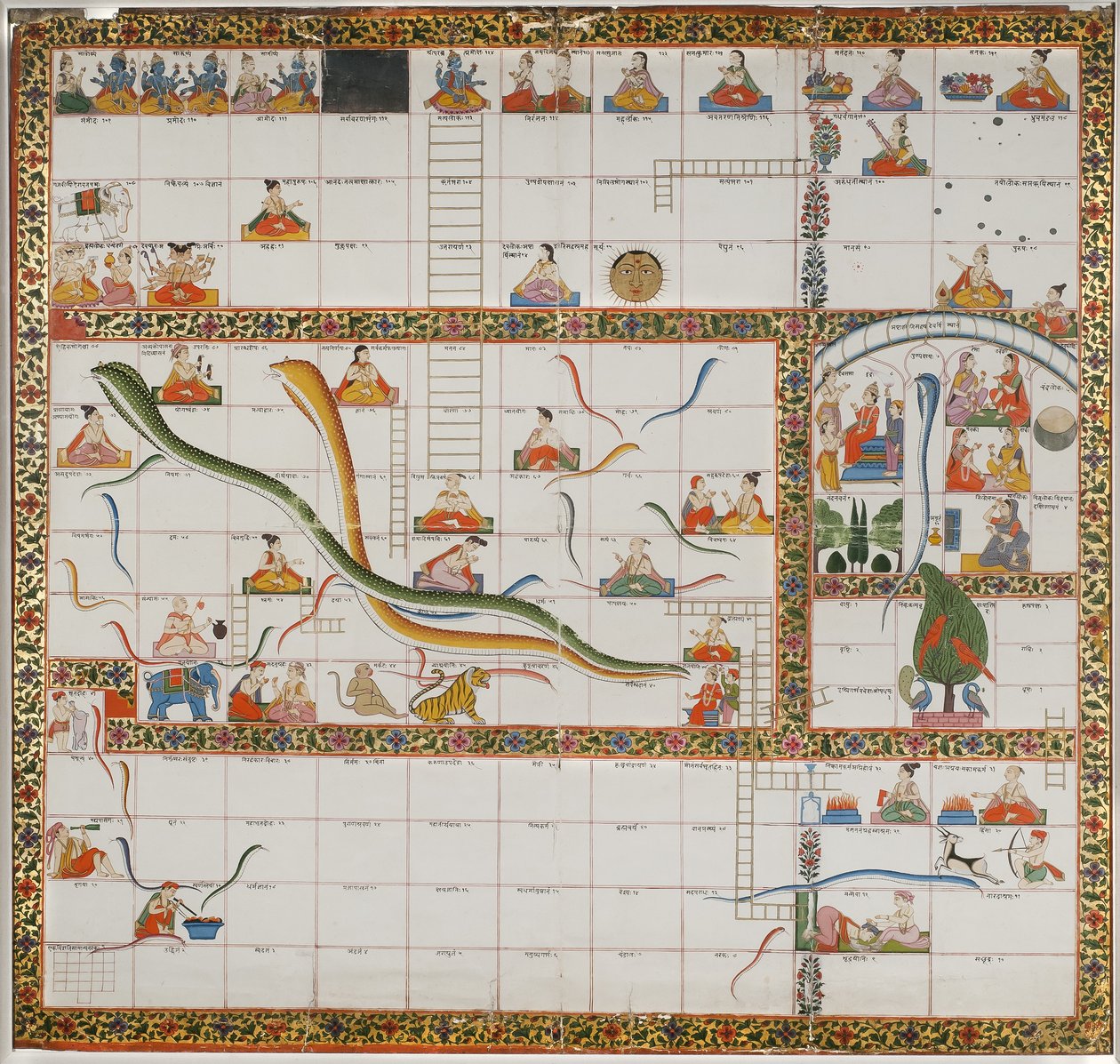 Tervezés a Kígyók és Létrák játékhoz, 1800 (gouache papíron, szövetre rögzítve) alkotó: Indian School