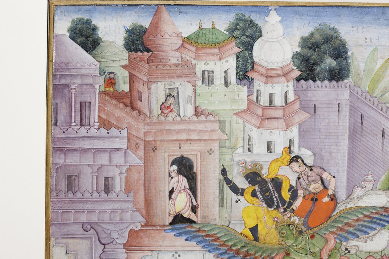 Részlet Krishna Cleaves the Demon Narakasura diszkoszával, 1585-90 körül (átlátszatlan wc és arany papíron) alkotó: Indian School