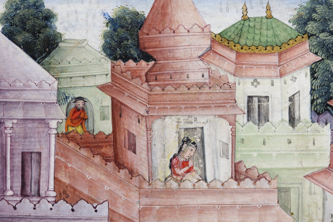 Részlet Krishna Cleaves the Demon Narakasura diszkoszával, 1585-90 körül (átlátszatlan wc és arany papíron) alkotó: Indian School