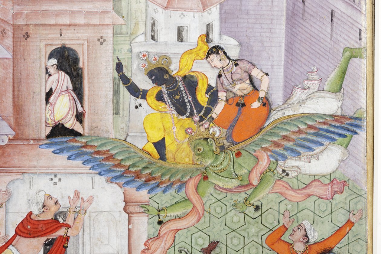 Részlet Krishna Cleaves the Demon Narakasura diszkoszával, 1585-90 körül (átlátszatlan wc és arany papíron) alkotó: Indian School