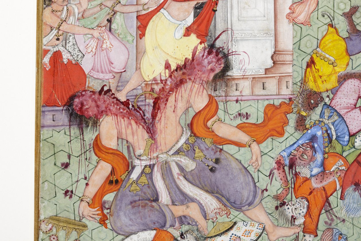 Részlet Krishna Cleaves the Demon Narakasura diszkoszával, 1585-90 körül (átlátszatlan wc és arany papíron) alkotó: Indian School