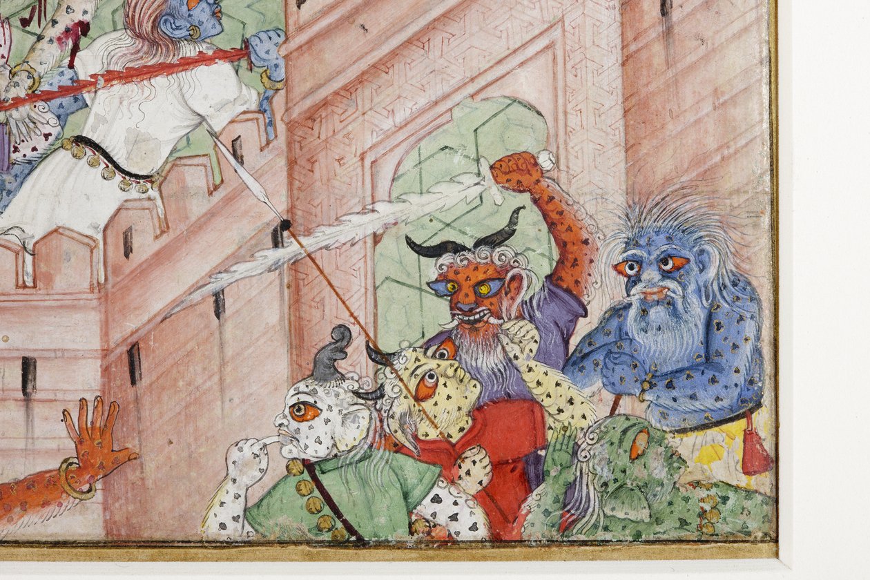 Részlet Krishna Cleaves the Demon Narakasura diszkoszával, 1585-90 körül (átlátszatlan wc és arany papíron) alkotó: Indian School