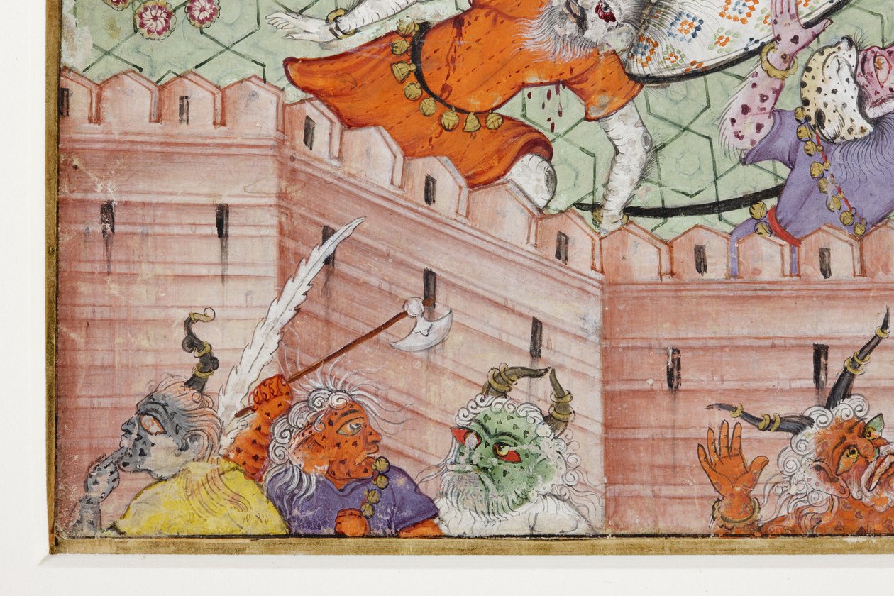 Részlet Krishna Cleaves the Demon Narakasura diszkoszával, 1585-90 körül (átlátszatlan wc és arany papíron) alkotó: Indian School