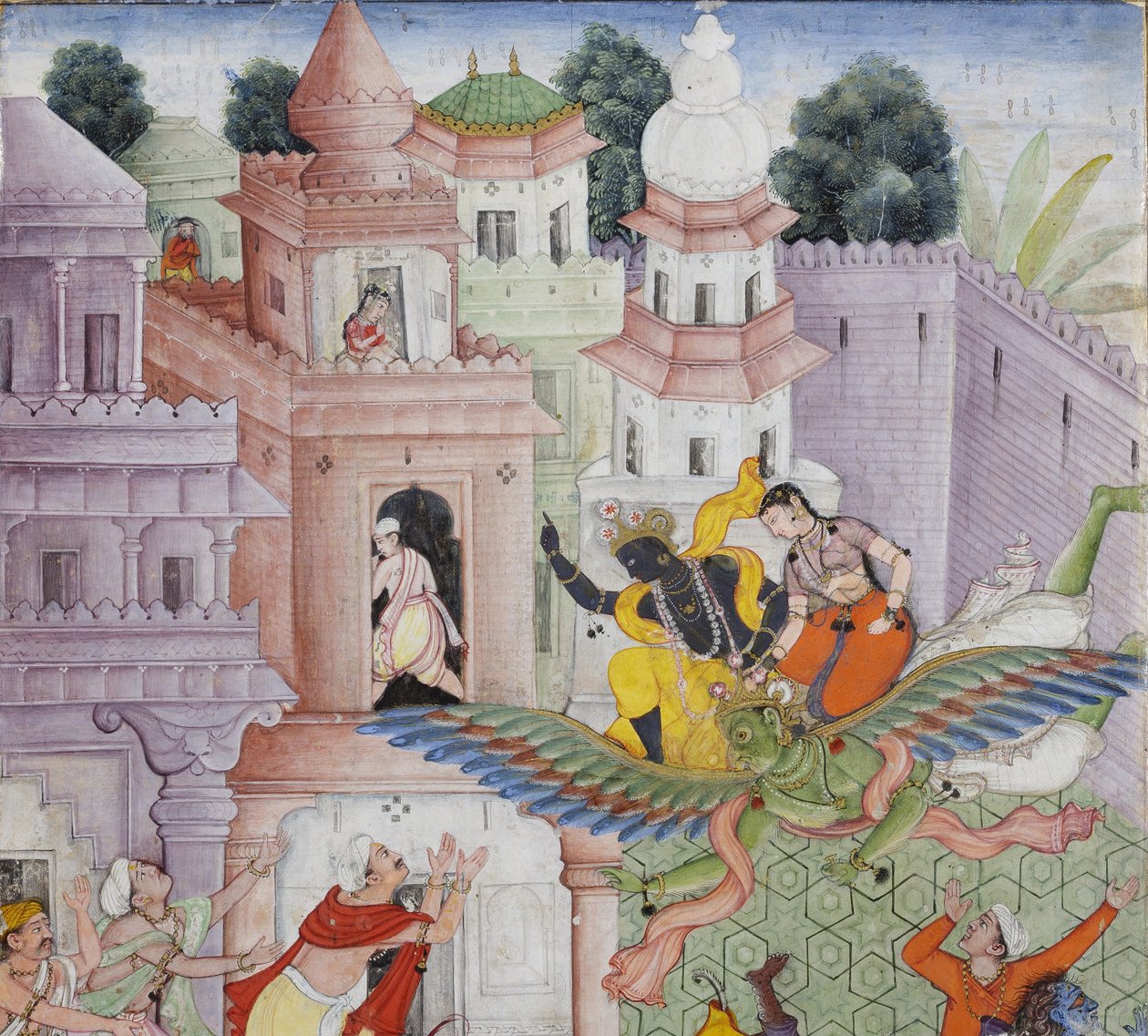 Részlet Krishna Cleaves the Demon Narakasura diszkoszával, 1585-90 körül (átlátszatlan wc és arany papíron) alkotó: Indian School