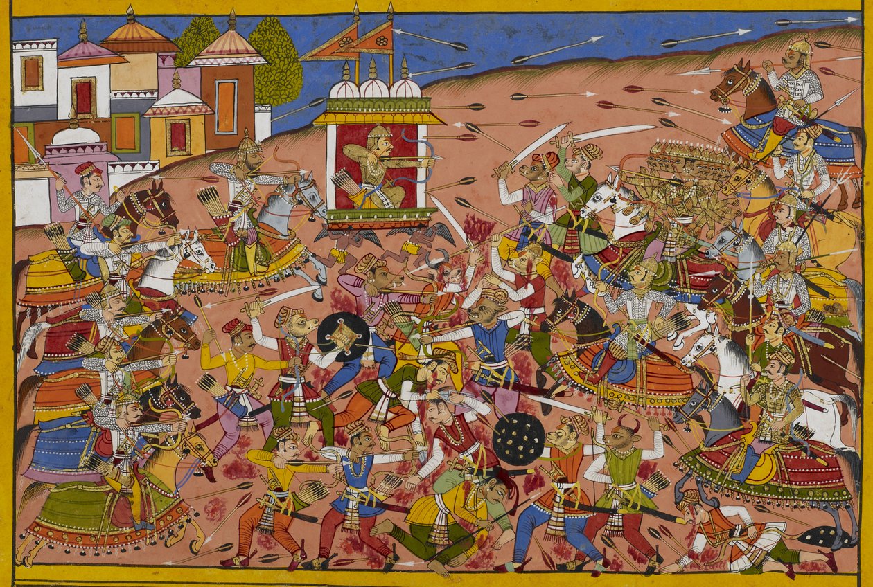 Dhanada megküzd Rāvaṇával a seregeik közötti ádáz küzdelemben. alkotó: Indian School