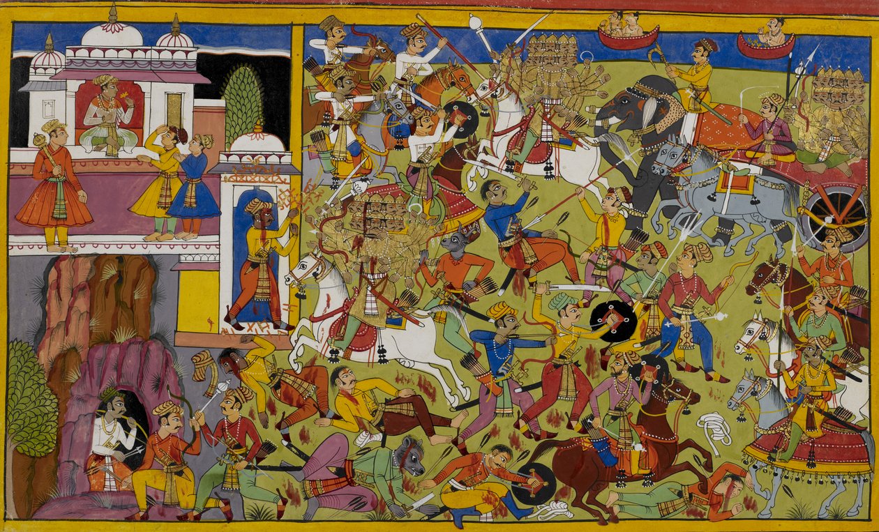 Dhanada megparancsolja a yakṣáknak, hogy harcoljanak Rāvaṇa démoni serege ellen. alkotó: Indian School
