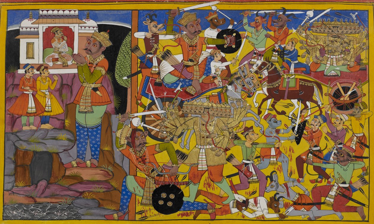 Dhanada elküldi Manibhadrát, hogy harcoljon Rāvaṇa ellen, akit ádáz harcban mutatnak be. alkotó: Indian School