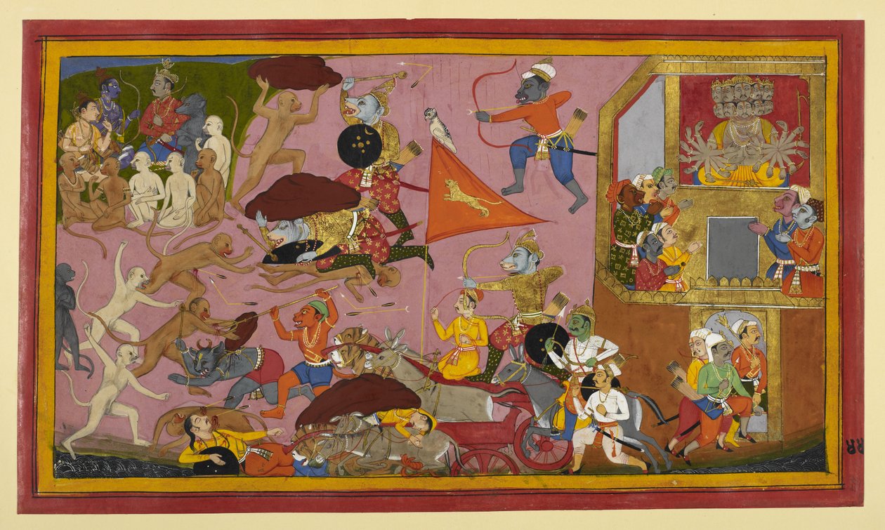 Dhūmrākṣát Hanumān szétzúzza; a démonok vereséget jelentenek Rāvaṇának. alkotó: Indian School