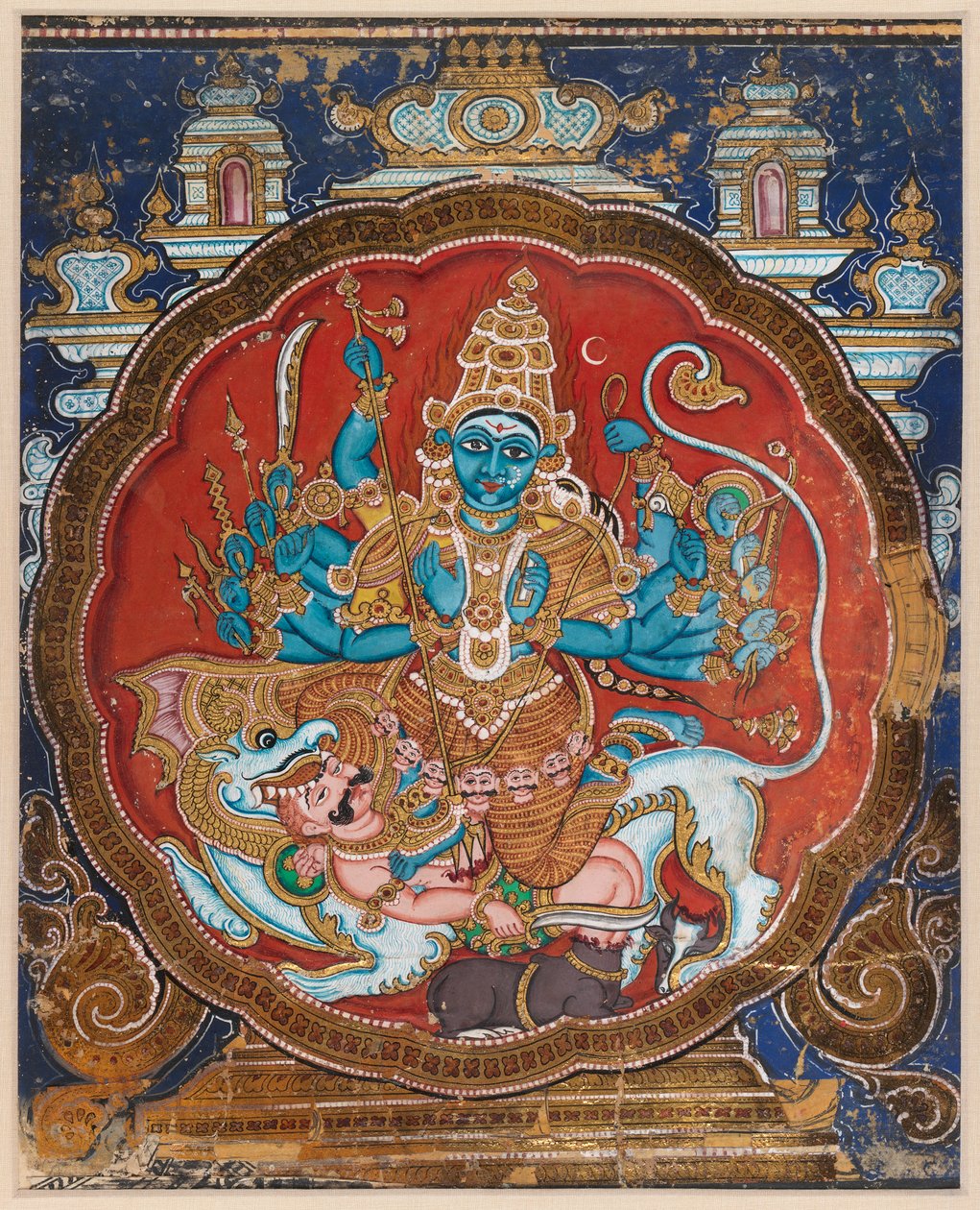 Durga Killing the Buffalo Demon (átlátszatlan akvarell, arany- és lakkcsíkokkal díszítve) alkotó: Indian School