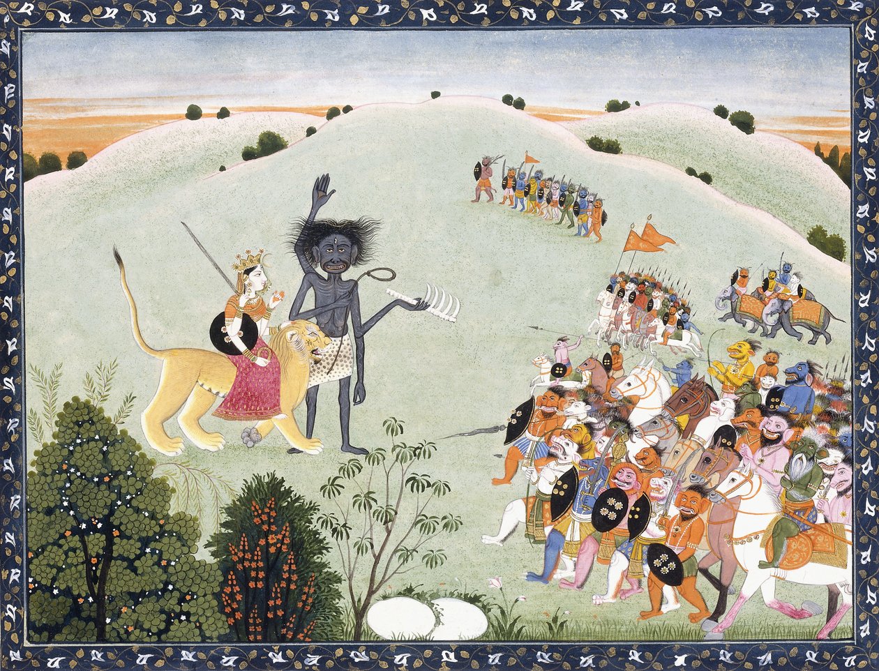 Durga és Kali a démonok előretörő serege előtt állva, 1800-1820 alkotó: Indian School