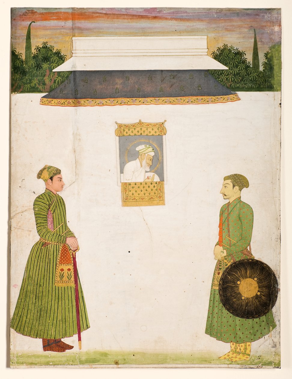 Aurangzeb császár egy jharokha ablaknál, két nemes az előtérben, 1710 körül (átlátszatlan wc-arany papíron) alkotó: Indian School