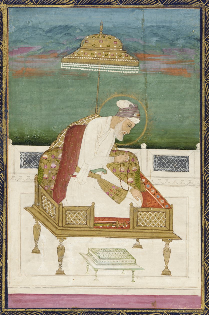 Aurangzeb császár; hátlap: kalligrafikus tábla, különálló albumfólió festéssel, 1619 alkotó: Indian School