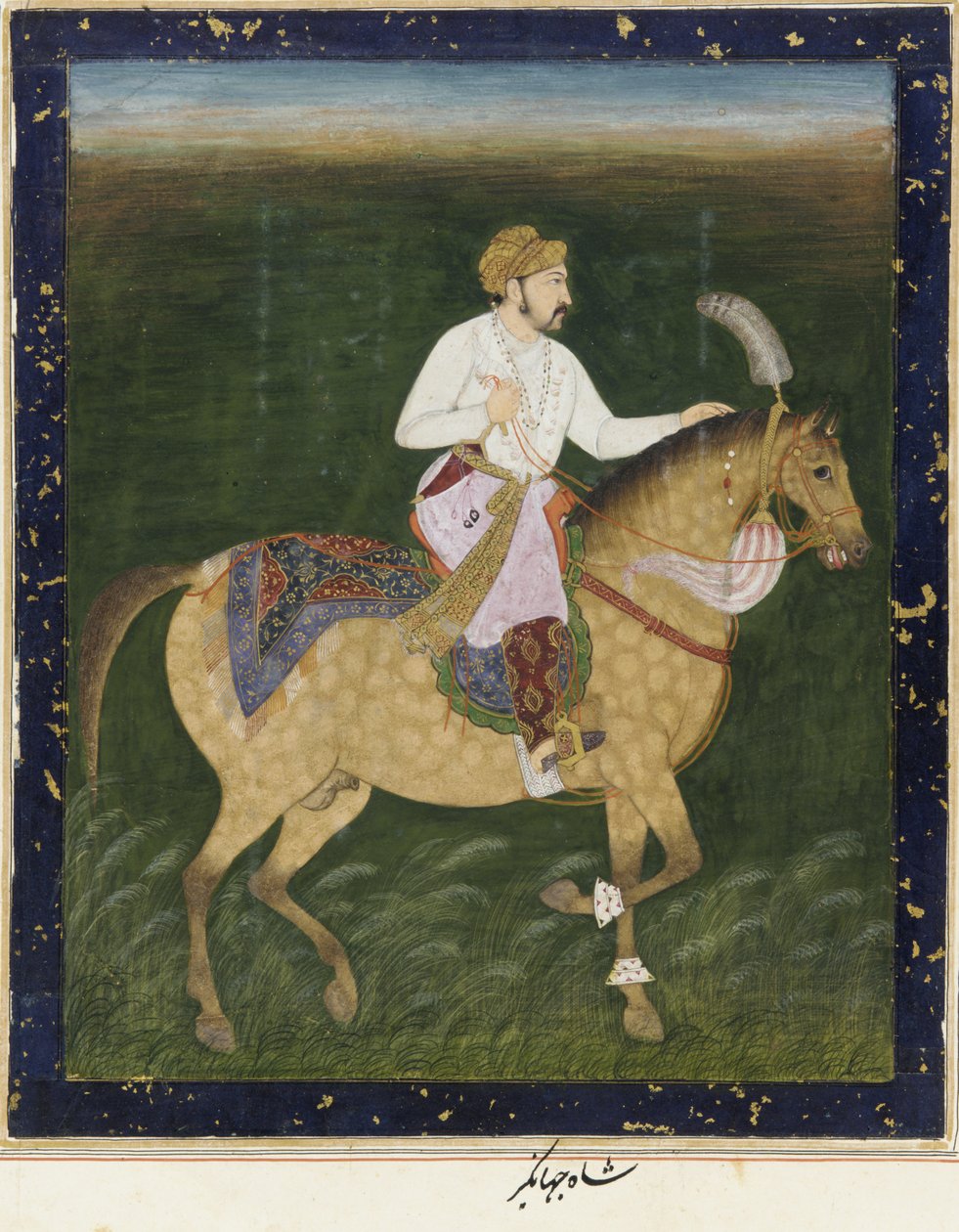 Jahangir lovas portréja, különálló albumfólió festménnyel, 1900 körül alkotó: Indian School