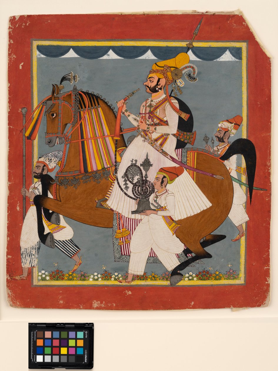 Raja Bhim Singh lovas vízipipával és szolgákkal, 1820 körül (átlátszatlan w/c, arany és ezüst papíron) alkotó: Indian School