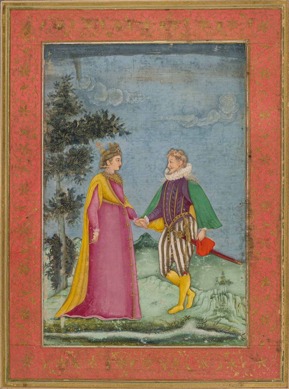 Erzsébet-korabeli jelmezbe öltözött európai úriember és hölgy, illusztráció a „Dara Shikoh”-ból, 1630-40 körül (akvarell és arany pergamen) alkotó: Indian School