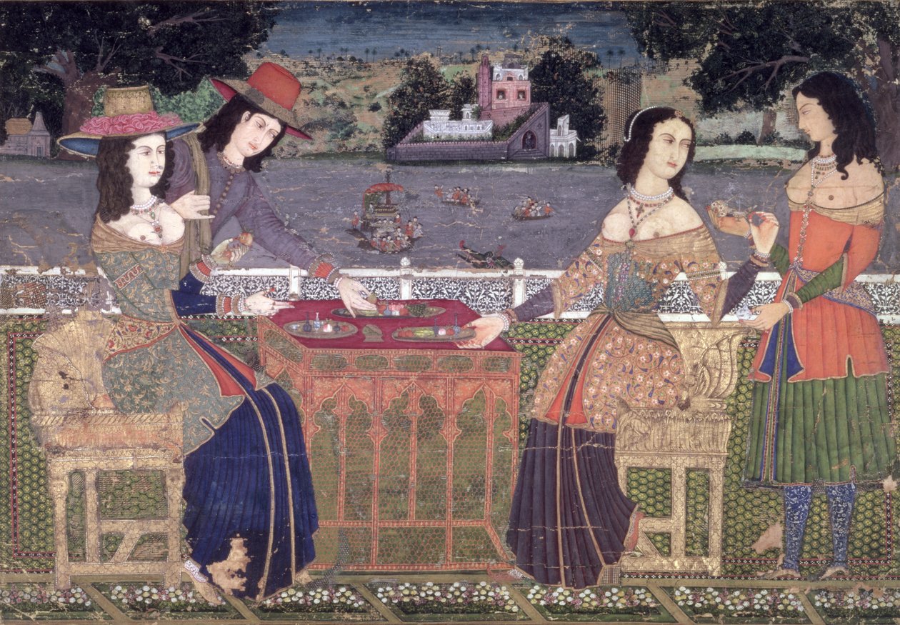 Erkélyen frissítő európaiak, Mogul, esetleg Deccan (papíron átlátszatlan wc) alkotó: Indian School