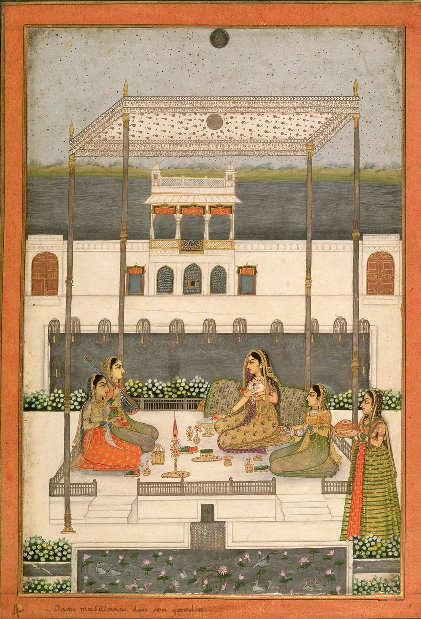 Esti parti egy mogul palota kertjében, Lucknow vagy Murshidabad, Nyugat-Bengál, 1760 alkotó: Indian School