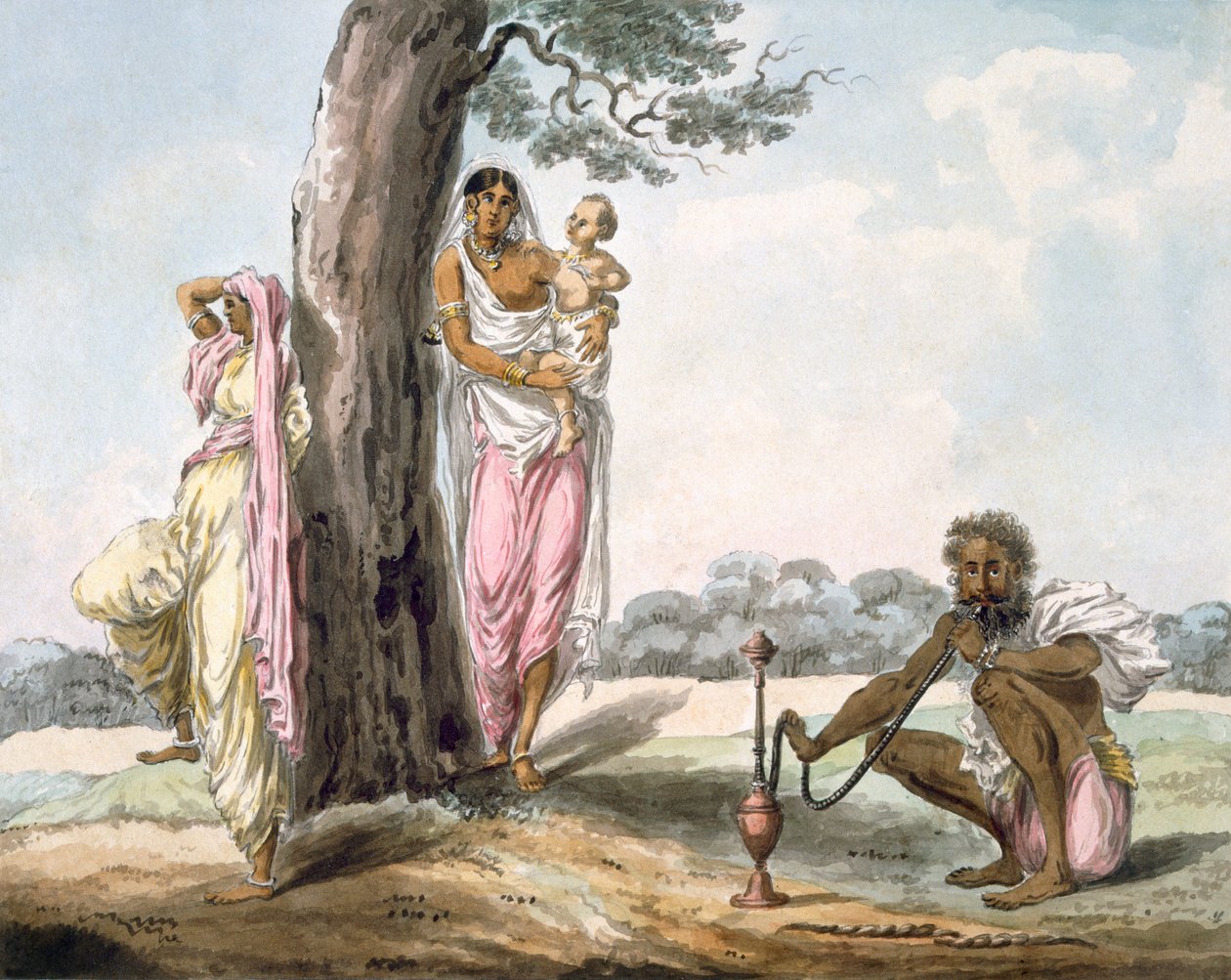Család: Vízipipát dohányzó férfi és jógázó lány, 1850 körül (wc papíron) alkotó: Indian School