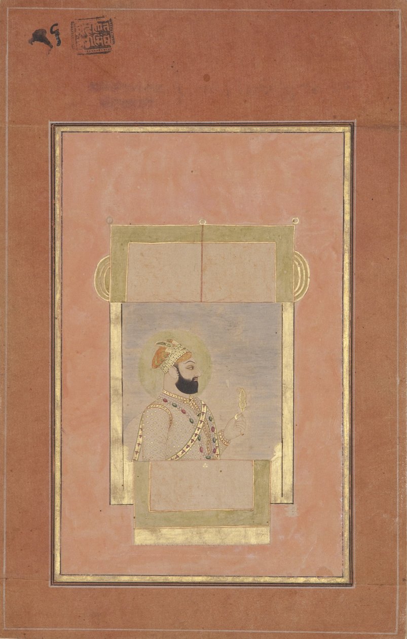 Farrukh Siyyar az ablaknál ül, kezében egy aranysarpech, 1715 körül (átlátszatlan wc és arany papíron) alkotó: Indian School