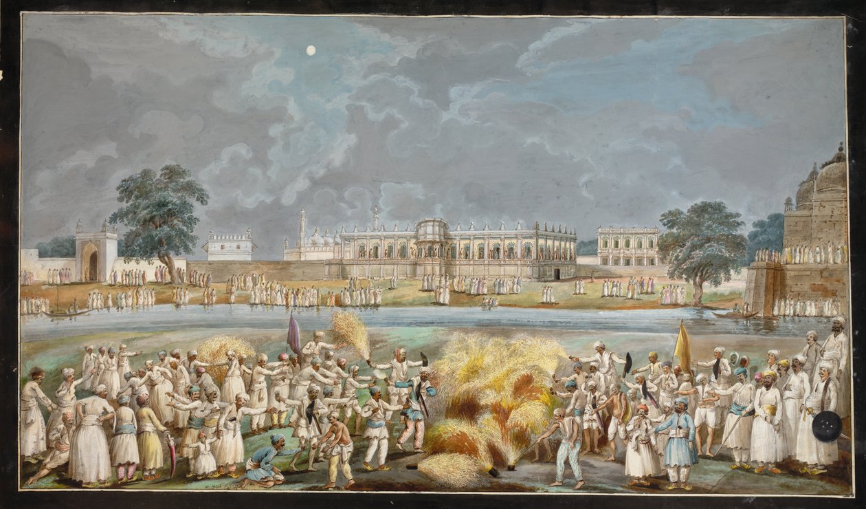 Tűzijáték egy fényes holdfényes éjszakán az Agna Mahal előtt, a murshidabadi folyó melletti Nawab palotában, 1790-1800 körül (akvarell papíron) alkotó: Indian School
