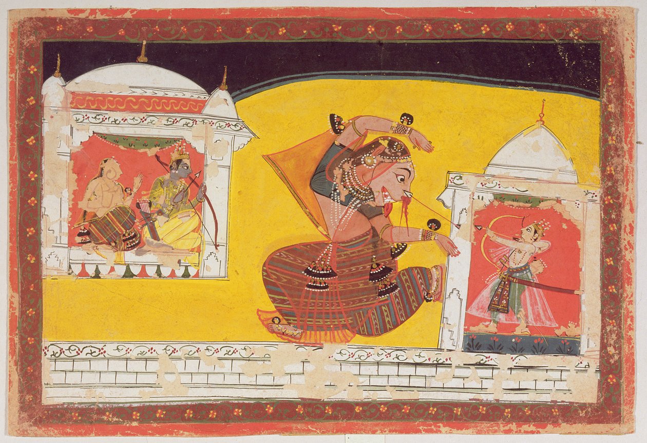 Folio 27 Laksmama levágja Surpanakha orrát, a Rámájánából, a hátoldalra írva a Devanagariban, Malwa, Rajput School, 17. század végén alkotó: Indian School