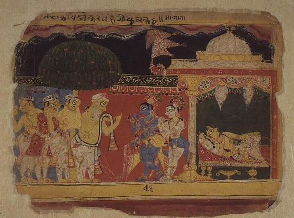 Folio. Nanda búcsút vesz Krisnától és Balarámától a „The Bhagavita Purana” (Rajasthan) alkotó: Indian School