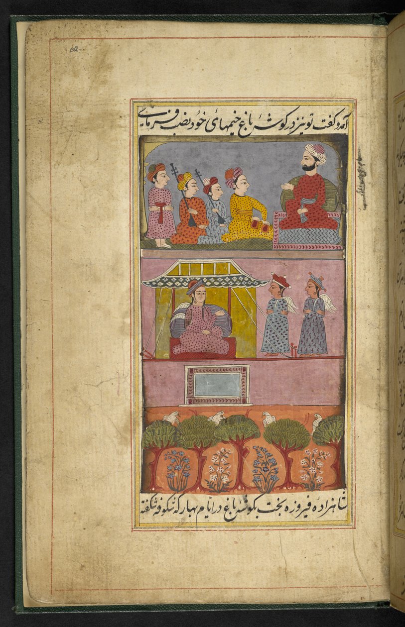Folio zenészeket ábrázol Saif ul-Muluk és Badi ul-Jamal népmeséjéből, Thatta alkotó: Indian School