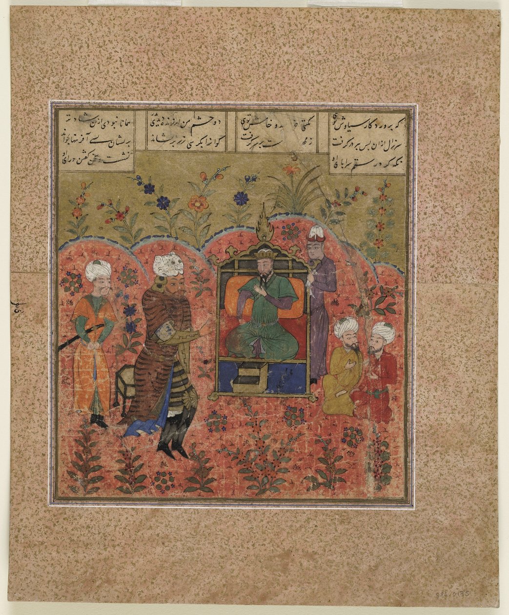 Fólió egy Shahnamából (Királyok könyve) Firdawsitól (megh. 1020); Rustam Kay Kaus előtt (átlátszatlan akvarell, tinta és arany papíron) alkotó: Indian School
