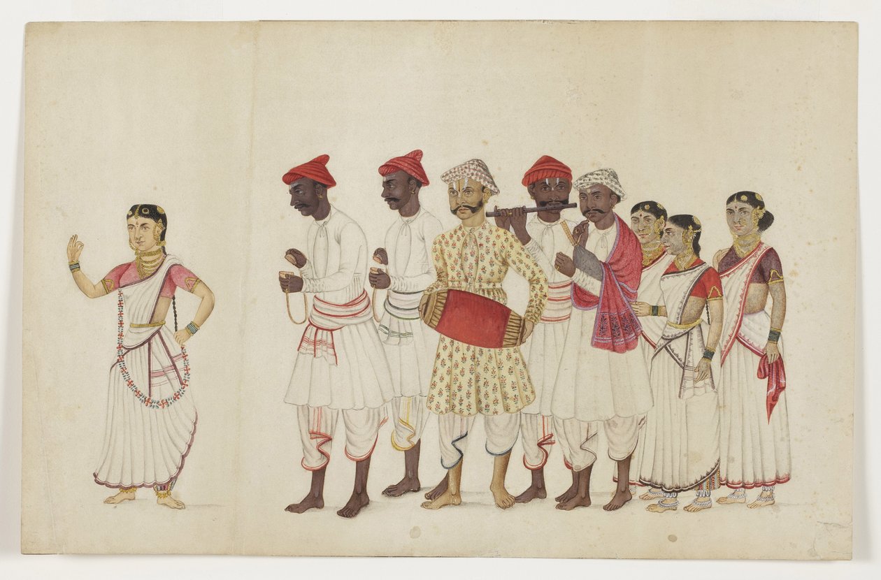 Négy női táncos körmenetben zenészekkel, 1830 körül (átlátszatlan wc és arany papíron) alkotó: Indian School
