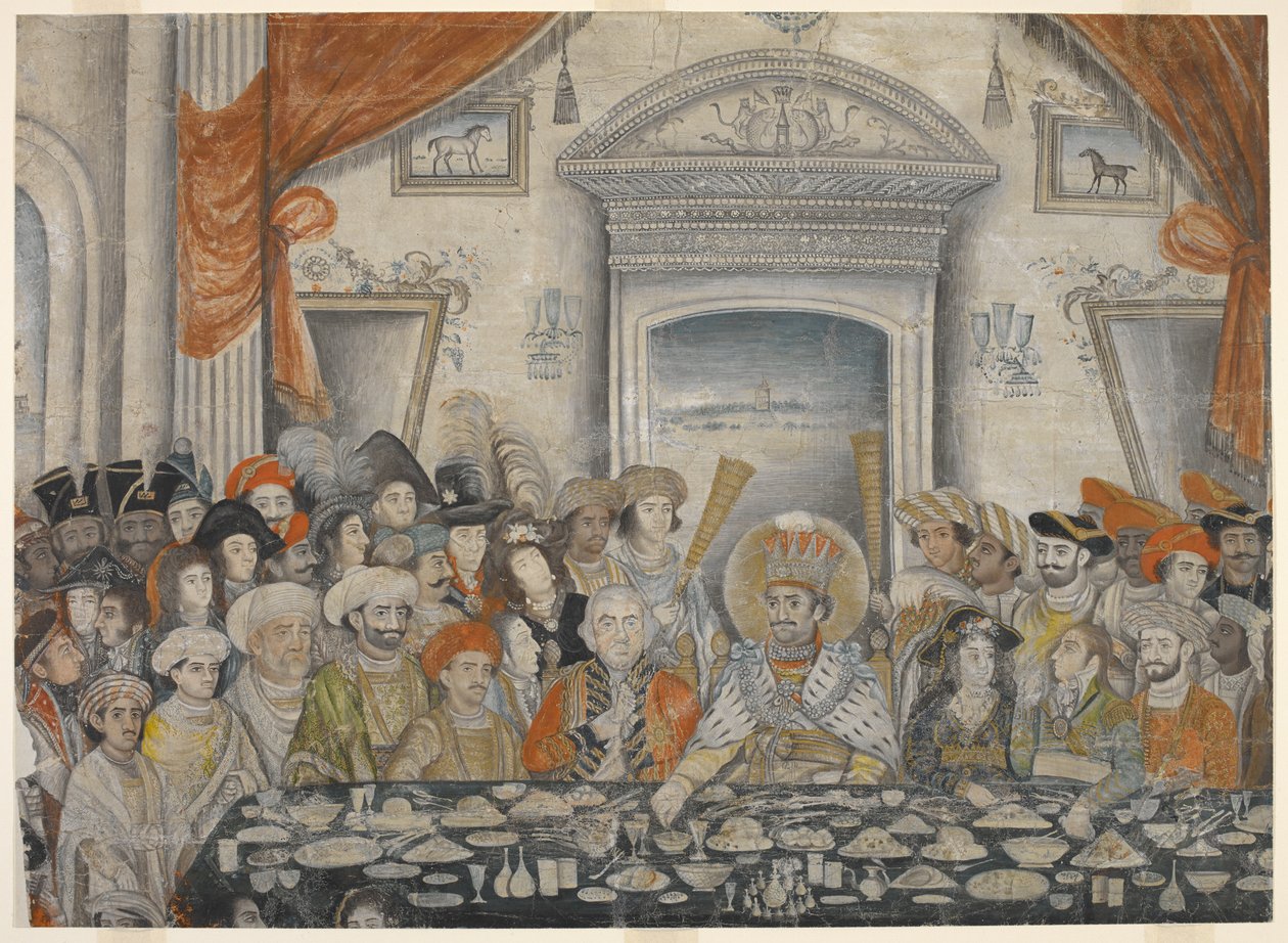 Ghazi-al-din Haidar (Nawab és 1819 után Oudh királya 1814-27) Lord és Lady Moira vendégül látja Lord és Lady Moirát egy bankettre a palotájában, 1820-22 körül (kézirat). alkotó: Indian School