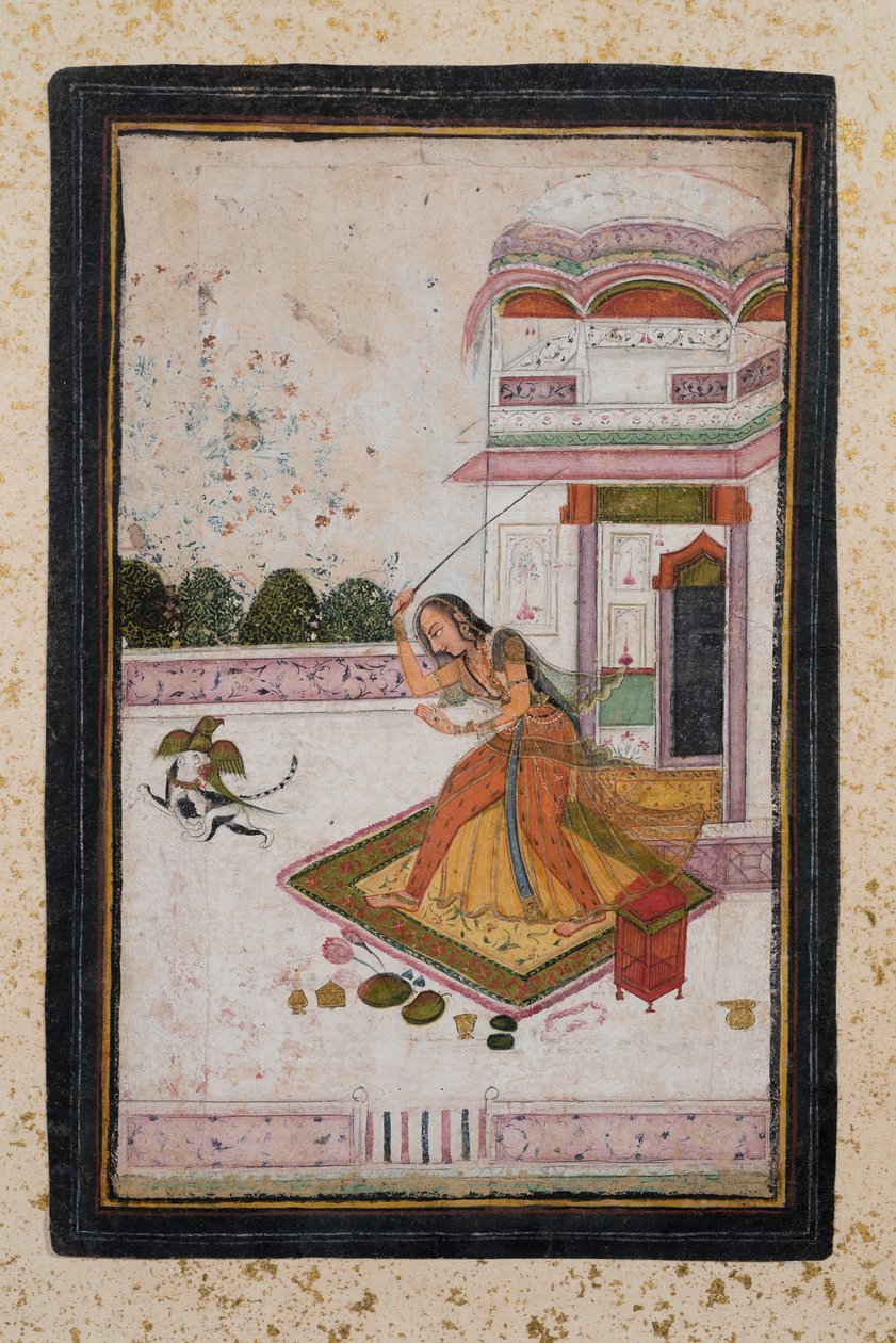 Lány macskát kergető (guache papíron, arany díszítés) alkotó: Indian School