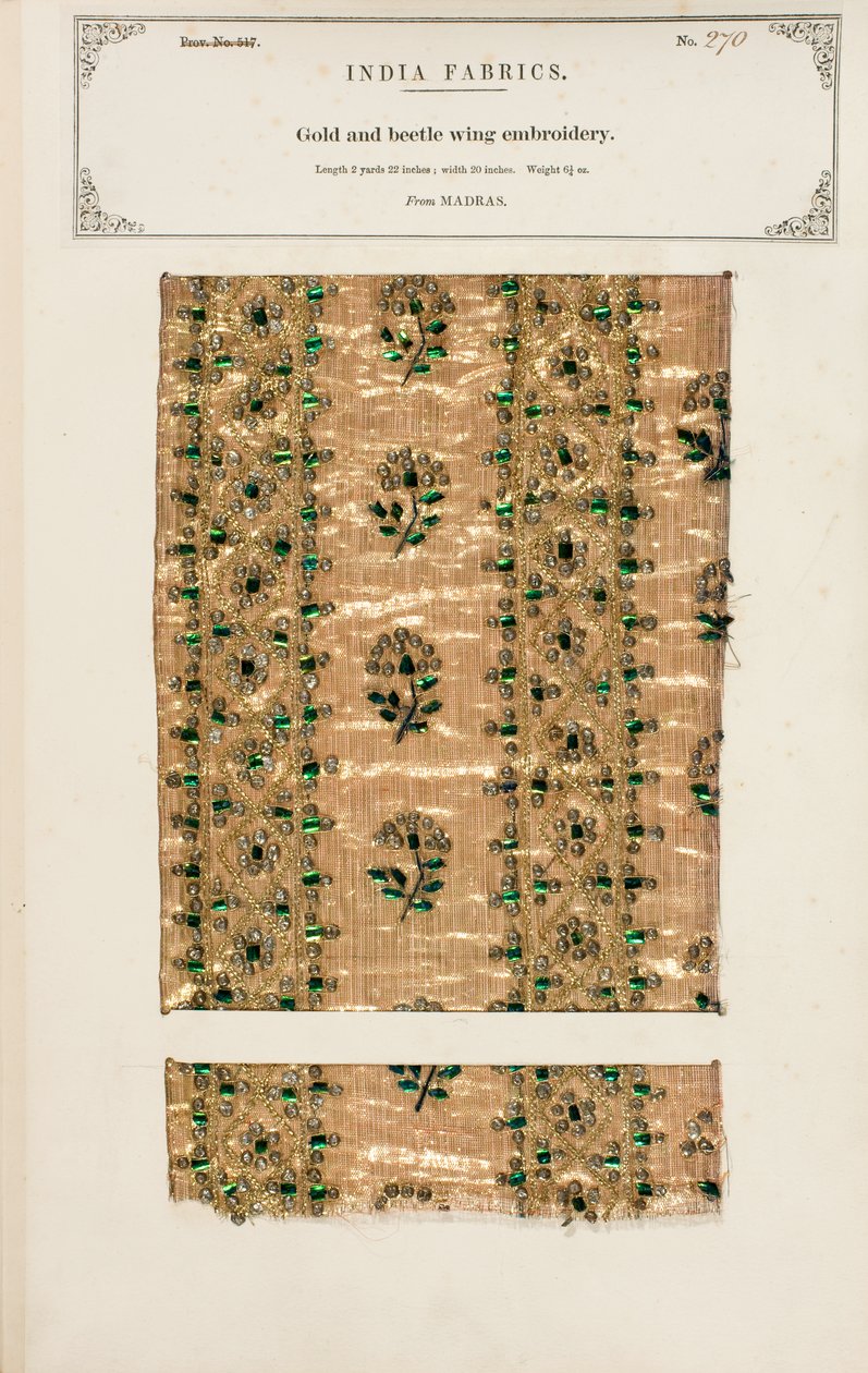 Arany- és bogárszárny-hímzésminta Madrasból, John Forbes Watson „The Collection of the Textile Manufacturers of India” című művéből, 1866-ban (vegyes technika) alkotó: Indian School