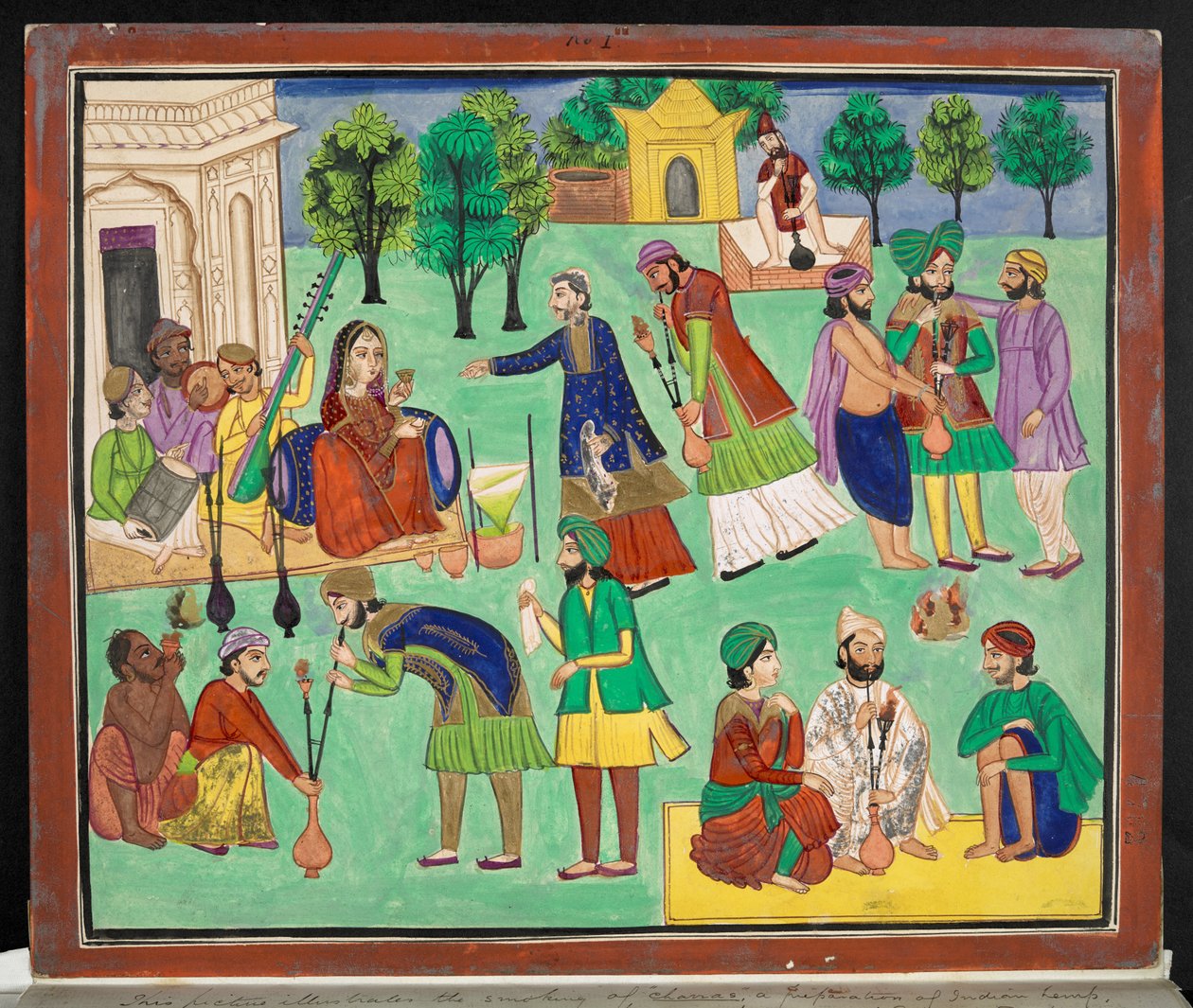 Egy amritsari művész által készített gouache a Charras füstölését ábrázolja, amely egyfajta indiai kender, amelyet Kelet-Turkesztánból importáltak Észak-Indiába, 1870 körül (guache papíron) alkotó: Indian School