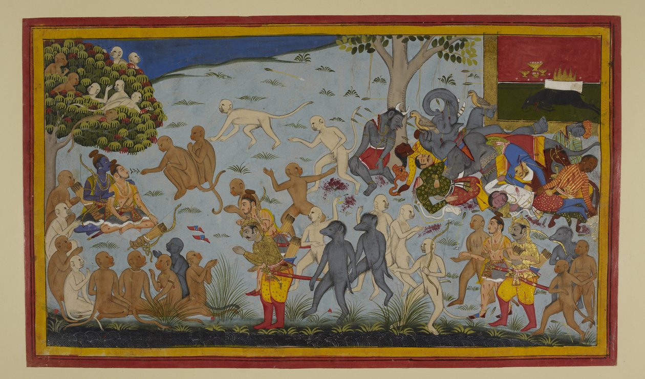 Hanumān és Vibhīṣaṇa elviszik a sebesült Lakṣmaṇát Rāmához, aki meggyógyítja őt. alkotó: Indian School