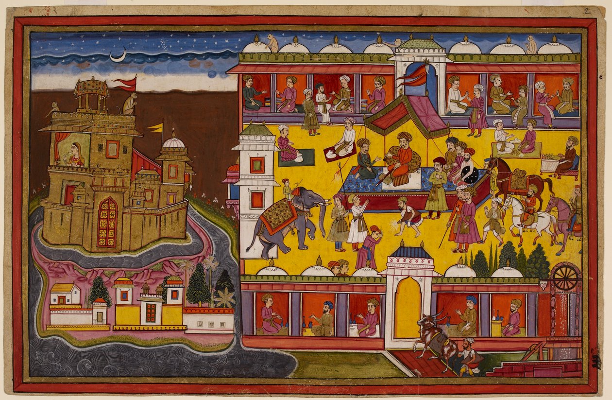 Hanumān a bazár tetejéről figyeli Laṅkā főterét, majd Rāvaṇa aranypalotájának csúcsára megy. alkotó: Indian School
