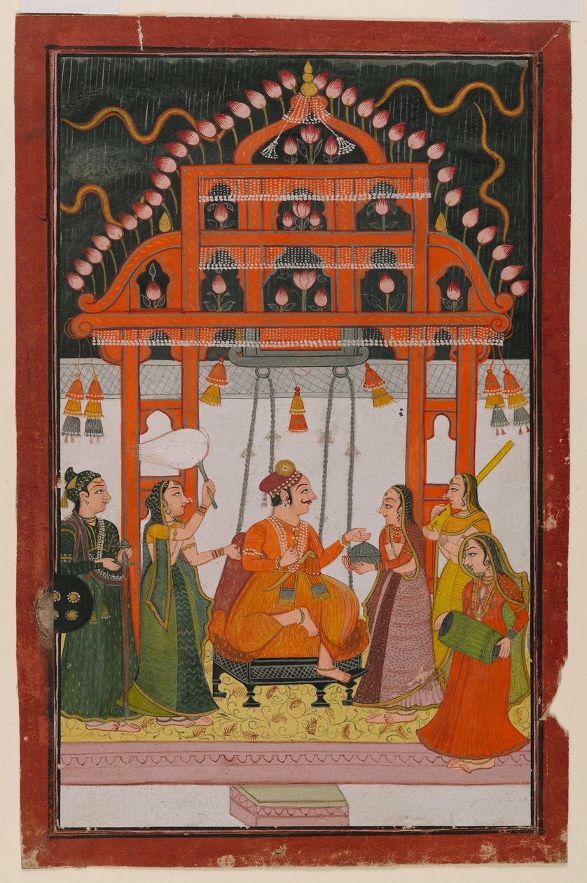 Hindola Raga, oldal egy szétszórt Ragamala sorozatból, 1830 körül (wc és fémfestékek papíron) alkotó: Indian School
