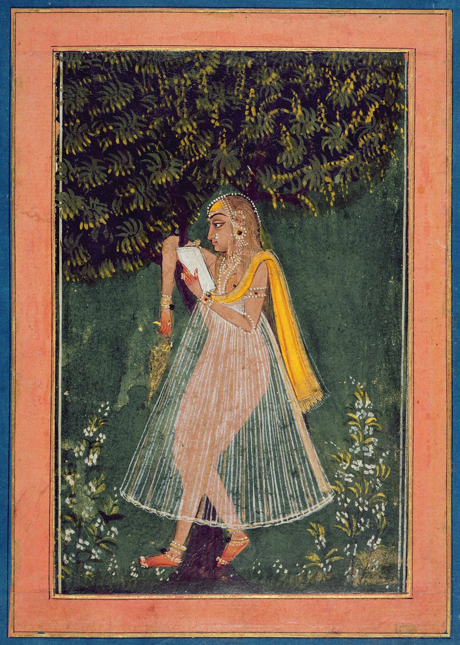 Hindu hölgy szerelmes levelet olvas egy fa alatt (gouache, tinta és arany, papír) alkotó: Indian School