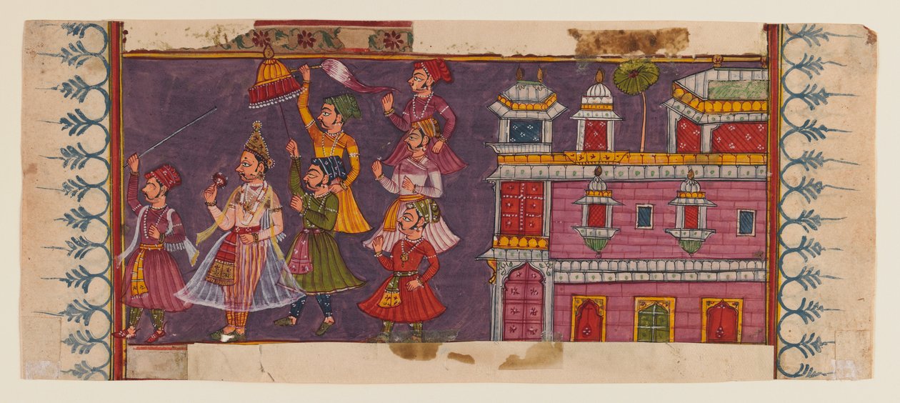 A szentek és az udvaroncok gyülekeznek a herceg előtt (átlátszatlan wc és arany a papíron) (lásd a 406510-es verziót) alkotó: Indian School