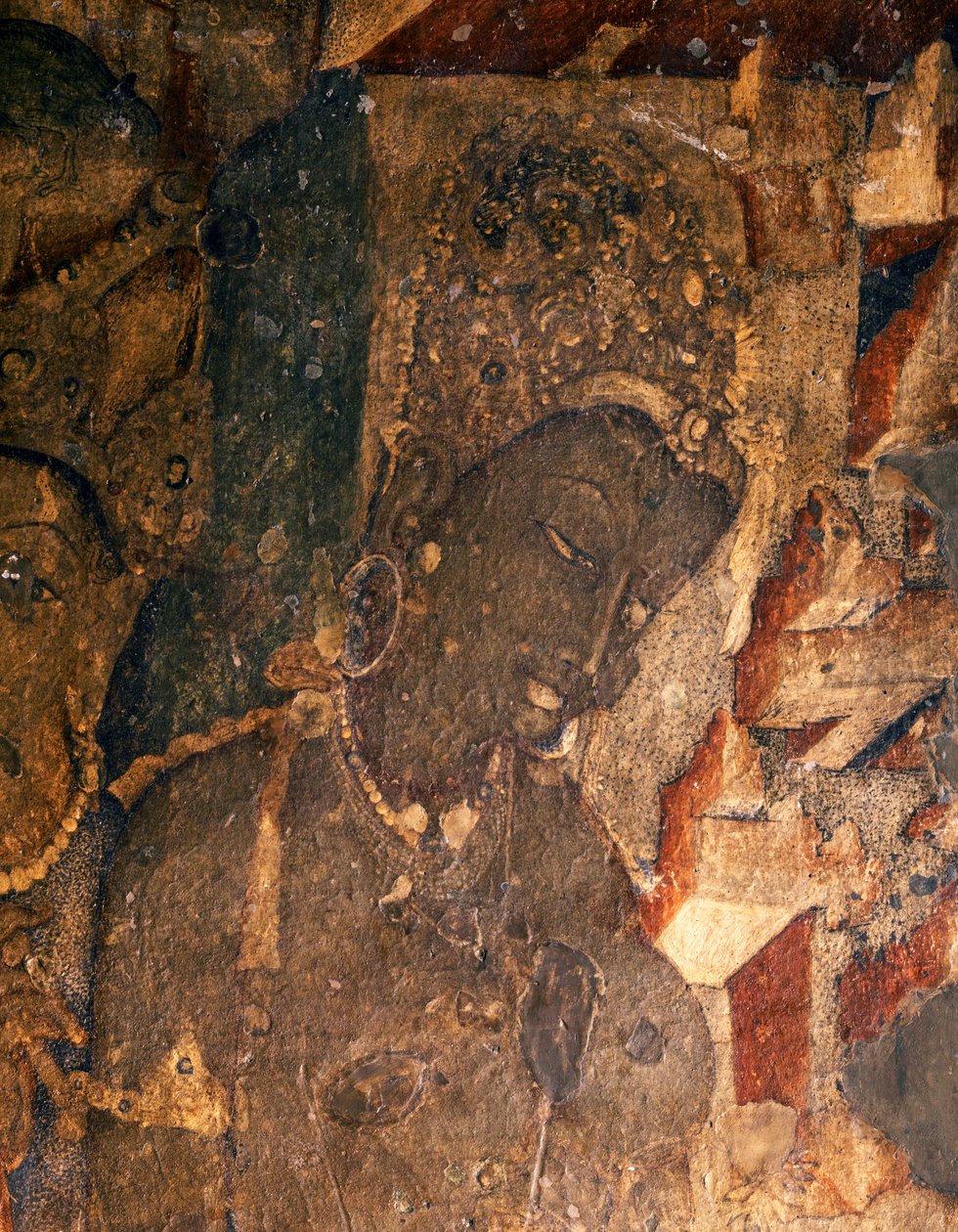 INDIAI MŰVÉSZET: 19. számú buddhista barlang freskója, Kr. e. 2. század (freskó). alkotó: Indian School